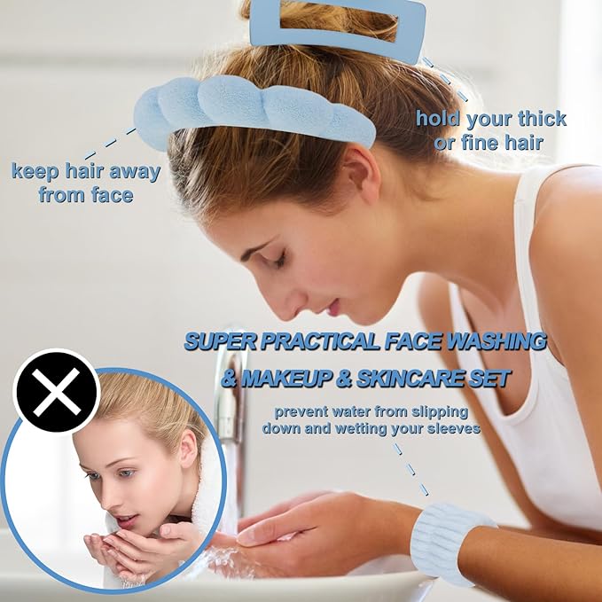 Canitor Spa Headband Wrist Bands Set with Hair Clips Skincare for Washing Face Skin Care Puffy Makeup Preppy Teen Girl Gifts Cute Trendy Stuff Hair Accessories for Women (blue)