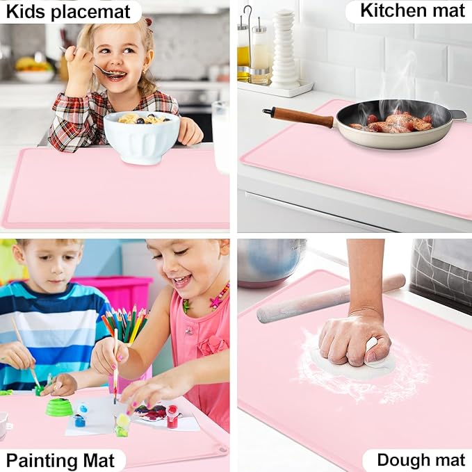 Standard Silicone Mat Pink Baking Mat-Multipurpose Kid Placemat Reusable Kitchen Countertop Mat Dough Pad with Raised Edges Silicone Heat Resistant Mat for Air Fryer (1Pack 23.6'' x 15.7'')