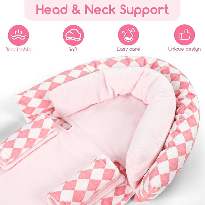 GFU Baby Car Seat Head Support for Newborn, 2 in 1 Infant Car Seat Head Body Support with Strap Pads, Soft Stroller Cushion Pillow Insert for Girls, Fits for Stroller, Swing, Pink Diamond