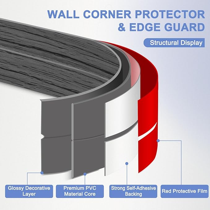 Wall Corner Protector Moulding Trim Peel and Stick Wall Corner Guards Trim Flexible Self Adhesive Edge Protector Moulding, 0.8 in x 10 Ft, Deep Gray Wood