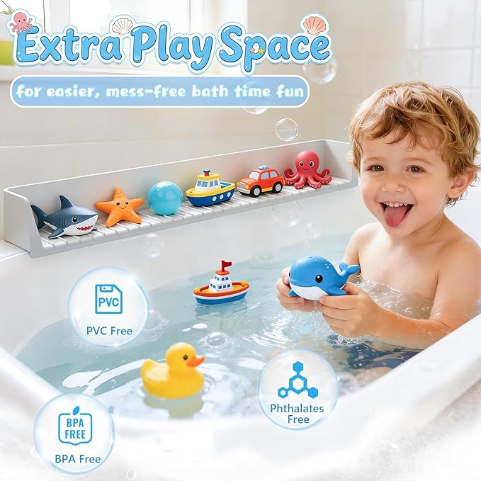 Splash Guard for Bathtub, Silicone Bathtub Splash Guard with Suction Cups, Bath Toys Holder Shelf, Bath Tub Side Tray for Bathroom Storage and Water Spill Prevention, Grey