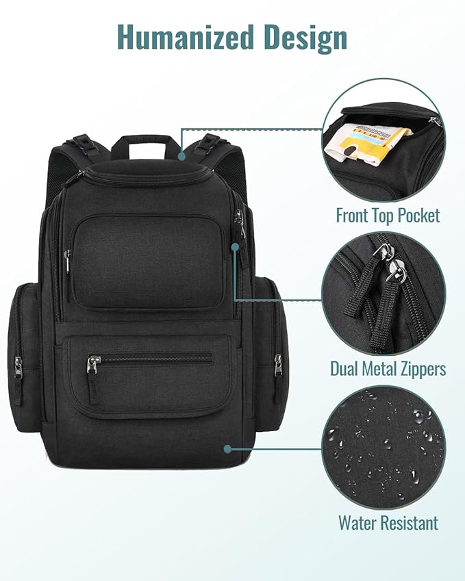Mancro Diaper Bag Backpack, Extra Large Capacity Baby Diaper Backpack with 2 Insulated Pockets and Stroller Strap, Water Resistant Mens Diaper Bag for Travel，Black