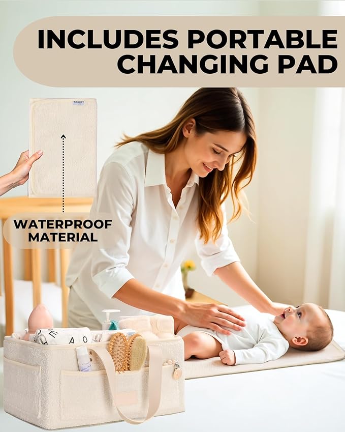 Toodly Baby Diaper Caddy Organizer with Portable Changing Mat - Teddy Fleece Diaper Organizer for Changing Table - Basket for Changing Essentials - Baby Essentials Organizer with Removable Dividers