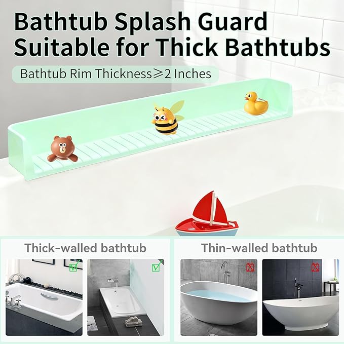 Bathtub Splash Guard for Tub Kids - Silicone Splash Guard with 11 Strong Suction Cups, Toy Tray Caddy Holder for Tub, Prevent Water Spills in Bathroom, Suitable for Kitchen Sinks and Bathtubs (Green)