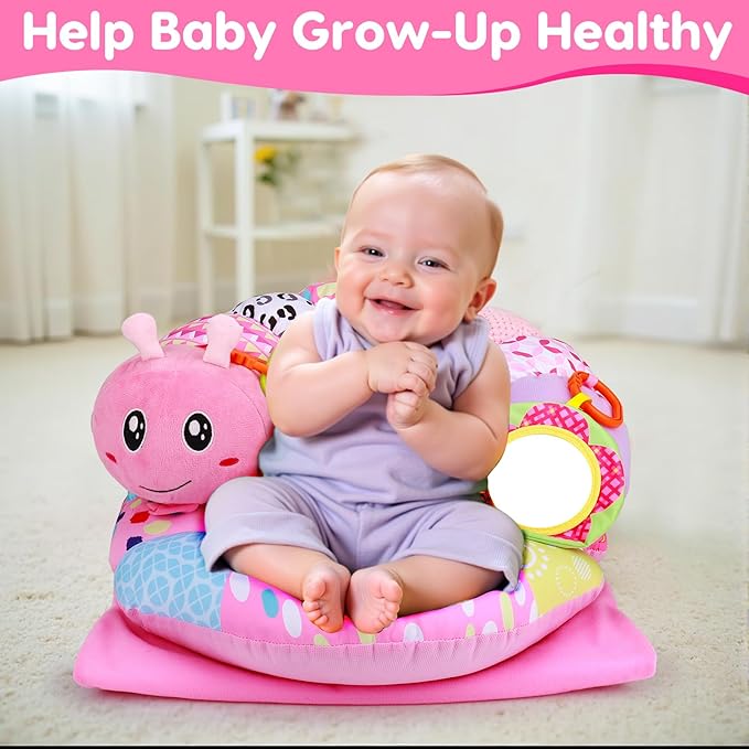 2 in 1 Baby Tummy Time Mat & Support Seated Pillow Infant Newborn Toys 0 1 2 3 4 5 6 Months Pink Caterpillar Sensory Developmental Playmat 0-6 3-6 12 Month Mirror Babies Girls Shower Valentines Gifts