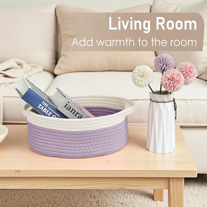 JMvicyroam Woven Basket,Small Rope Storage Bin with Handles & Ribbon Bag, Organizer for Shelves Closets,Gift Basket Empty for Birthday,Books,Dog Toys, White&Purple