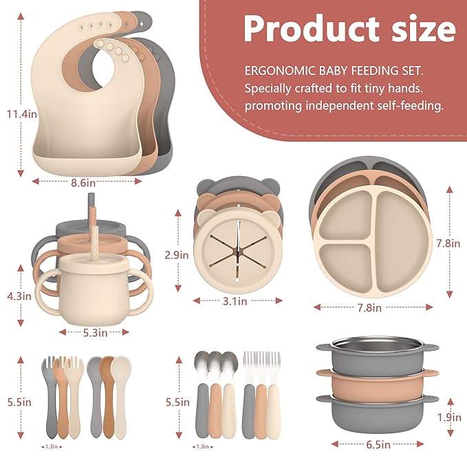 27 Pack Silicone Baby Feeding Set, Food Grade Silicone Baby LED Weaning Supplies, Include Suction Plates, Baby Bowls, Bibs, Fork & Spoon, Training cup with straw, 6 Months+(Brown, Beige, Grey)