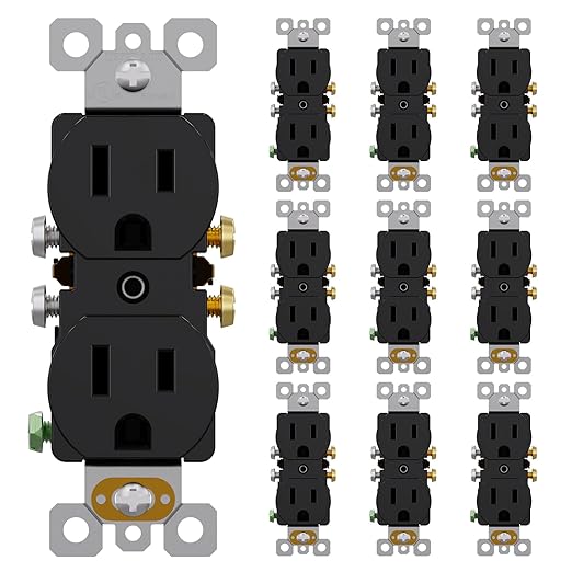 AIDA Duplex Receptacle Wall Outlet, Residential, 3-Wire, Self-Grounding, 15Amp 125V, UL Listed, Push & Side Wire, Black (10 Pack)