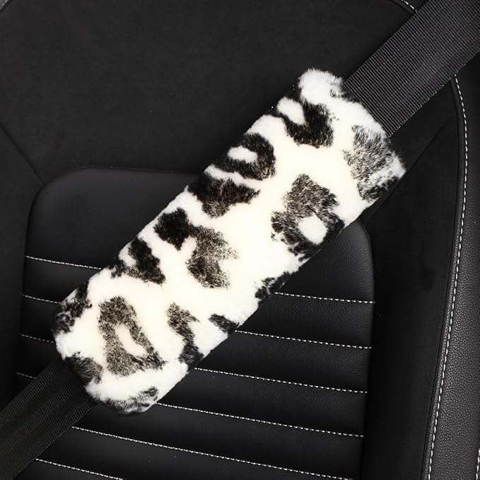 Fluffy Fuzzy Genuine Sheepskin Car Seat Belt Covers for Soft Auto Lambswool Seatbelt Pads, Shoulder Strap Cushion Adults Kids (1, Leopard Print)