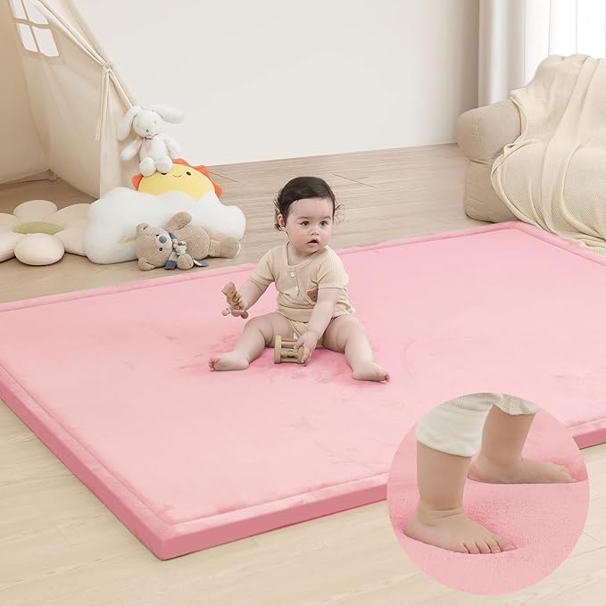 Huloo Sleep Ultra Soft Baby Play Mat for Floor, 1.3" Thick Elasti-Foam 65x50 Play Mat for Playpen,Water-Repellent Coral Velvet for Tummy Time, Non-Slip Backing,Safe for Toddlers & Infants（Pink）
