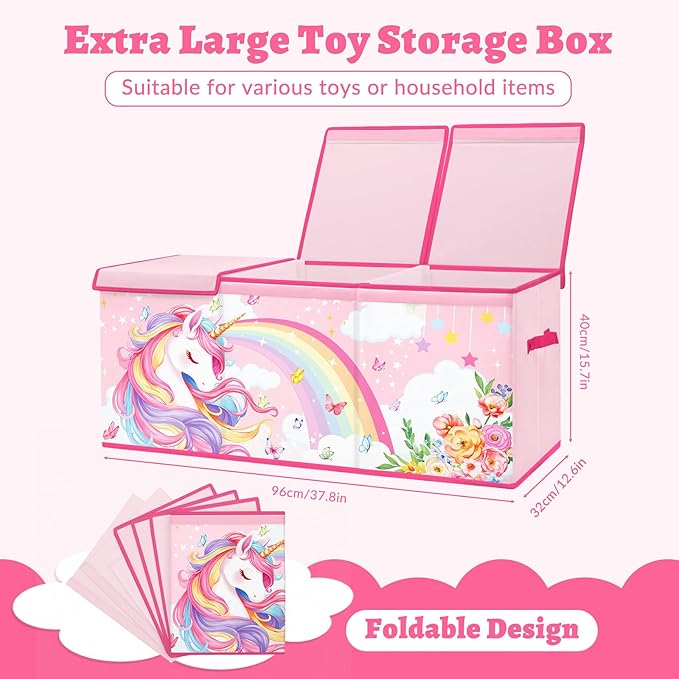 decalsweet Kids Toy Box Storage Chest Collapsible Storage Bin with Lids Handles for Boys Girls Toddler, Large Kids Toy Organizer Box for Kidsroom Bedroom Playroom Nursery,37.7"x12.5"x15.7"