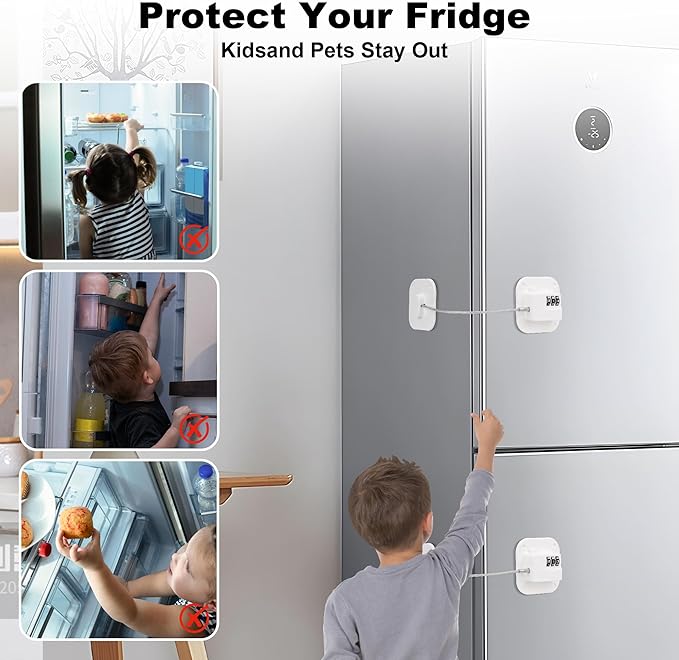 Child Proof Refrigerator Lock, 3 Digit Code Child Proof Fridge Lock for Kids, No Drill Self Adhesive Baby Safety Locks for Oven, Cabinet, Toilet Seat & Furniture, 2 Pack, White