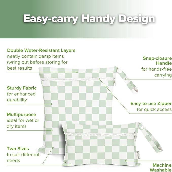 haakaa Water Resistant Wet Bags for Baby Wet Dry Bags for Cloth Diaper, Reusable Wet Bags for Baby Items, Swimsuit & Travel, 2pcs, Checkered Days