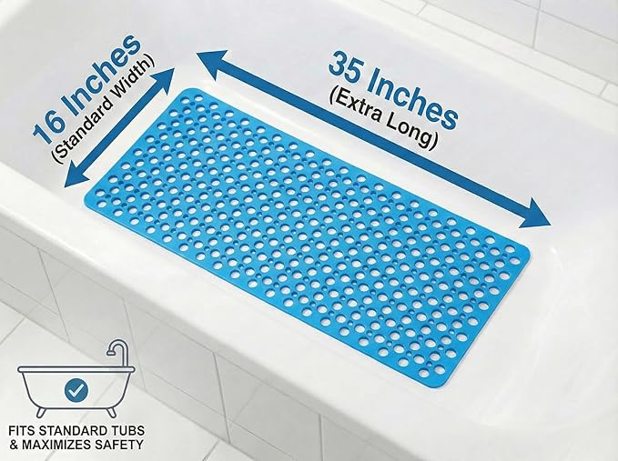Nonslip Bath Tub Shower Mat with Suction Cups, Extra Soft TPE Bath Mat for Kids, Bathtub Bathroom Mats, Machine Washable, Smooth/Non-Textured Tubs Only, 35L x 16W Inch(Lake Blue)