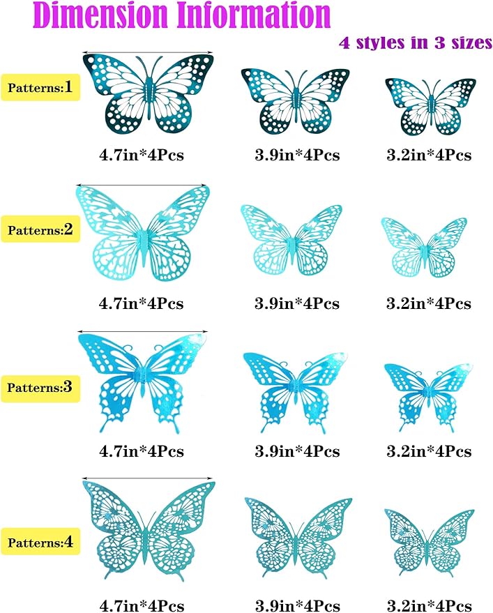 JOSDIOX 3D Turquoise Blue Butterfly Wall Stickers - 48 Pcs with 4 Styles & 3 Sizes, Removable Decor for Party Birthday Wedding Cake Balloon Decoration （48 Blue