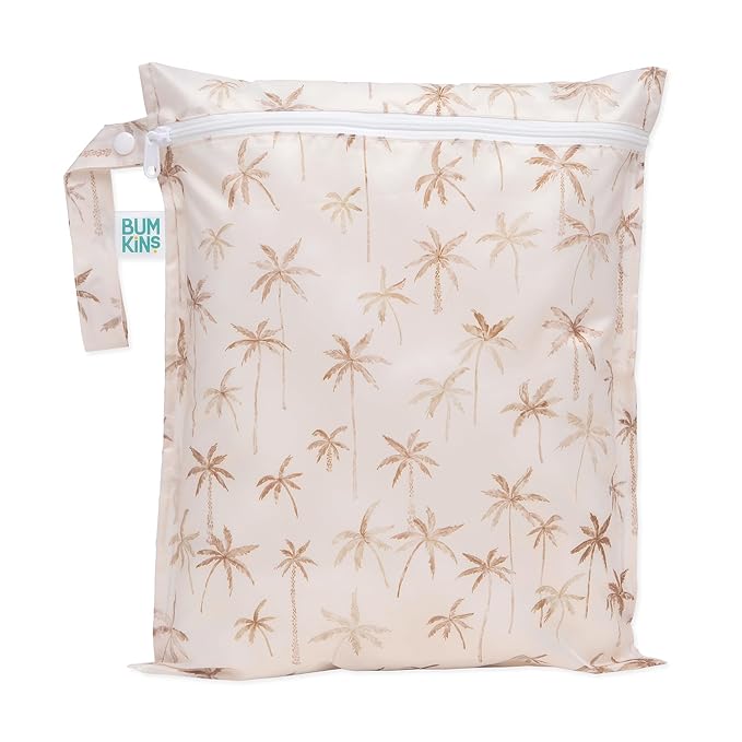 Bumkins Waterproof Wet Bag for Baby, Travel, Swim Suit, Cloth Diapers, Pump Parts, Pool, Beach, Gym Clothes, Toiletry, Hook to Stroller, Daycare, Zipper Reusable Wetdry Packing Pouch, Palm Trees