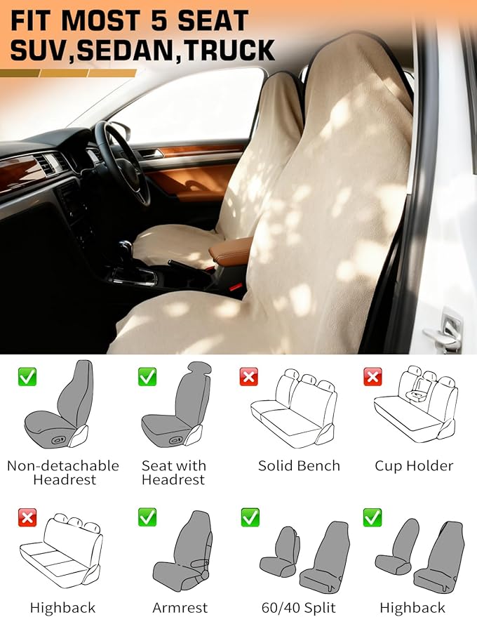 Universal Car Seat Cover Towel, Waterproof Washable Sweat Protection for Front Bucket Seats, Non-Slip Fit, Fits Cars SUVs Trucks, Ideal for Gym, Kids, Pets, Outdoor Sports, Travel (Beige, 2 Pack)