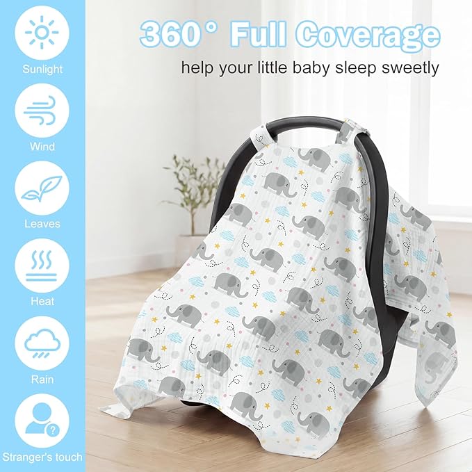 Baby Car Seat Cover - 100% Muslin Cotton Universal Breathable Canopies for Boys and Girls Soft Spring Summer Car Seat Cover Lightweight Infant Car Seat Canopy - Gray Elephants