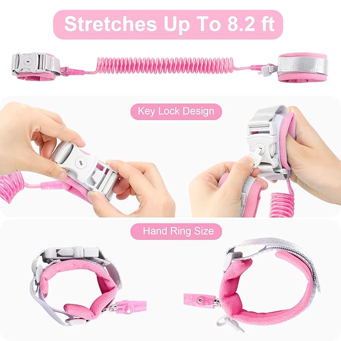 Anti-Lost Wrist Chain Anti Lost Leash Baby Leash with Child Upgraded Safety Locks for Kids Babies, Kids, Wrist Band for Outdoor Activities, Shopping(Pink 8.2 Ft)