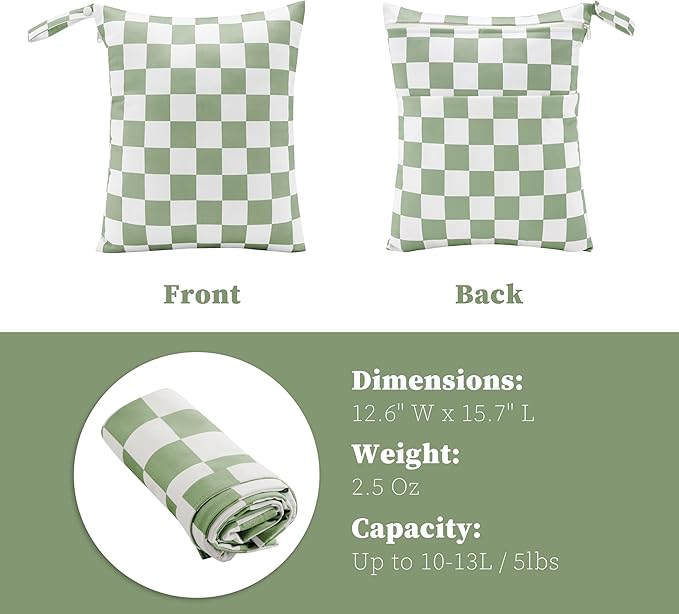 Ohocut Sage Green Checkered Waterproof Wet Dy Diaper Bag for Baby Essentials, Travel, Swimsuit, Beach Bag Accessories, Aesthetic Trendy Cute Toddler Baby Cloth Bag Pouch, Pack of 2