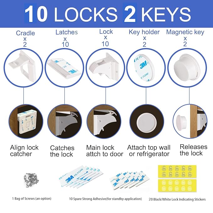 Magnetic Cabinet Locks Baby Proofing - 10 Locks & 2 Keys, No Drill Adhesive Safety Latches for Cabinets & Drawers, Child Proof Lock for Kitchen, Strong Magnet Key to Open, Easy Installation
