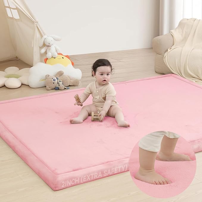 Huloo Sleep 2" Extra Thick Baby Play Mat for Floor,Ultra Soft Elasti Foam Mat for Tummy Time & Crawling,Playpen,Non Slip Nursery Rug for Toddlers,Infants,kids,Tatami Style for Yoga,Playroom(Pink)