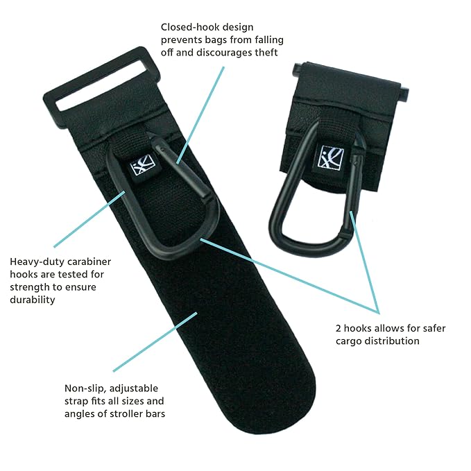 J.L. Childress Clip 'N Carry Stroller Hooks - Universal Stroller Clips with Non-Slip Straps - Durable Carabiners to Hold Watter Bottles & Bags - 2 Pack - Perfect for Uppababy & more - Black