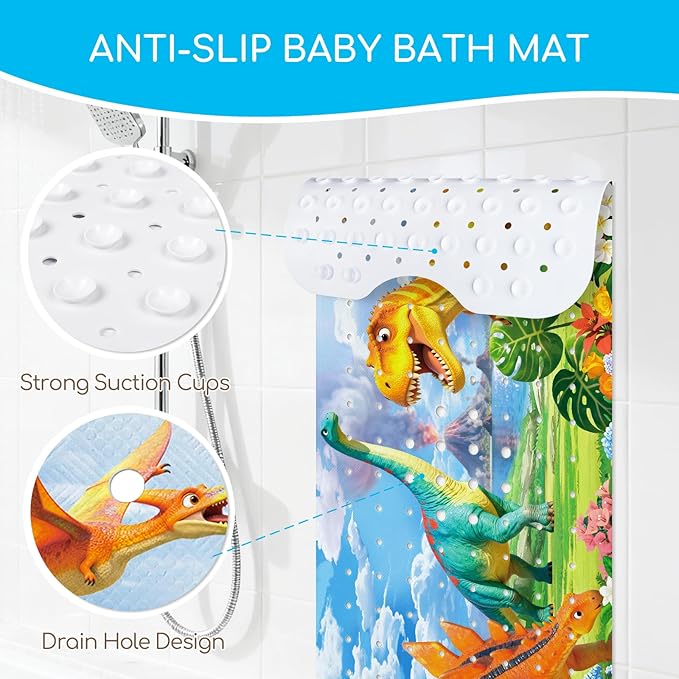 Omedecal Baby Bath Mat for Tub, Non Slip Kids Bath Shower Mat, 40 X 16 Inch Large Bathtub Mat with Drain Holes and Suction Cups for Toddlers, Machine Washable and Waterproof (Dinosaur)