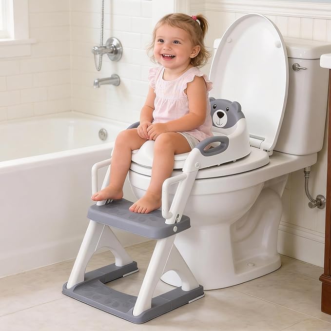 Potty Training Seat ，SKYROKU Potty Training Toilet with Step Stool Ladder, for Kids Boys Girls Toddlers - Comfortable Safe Potty Seat with Anti-Slip Pads Ladder (8899Pro-Grey)