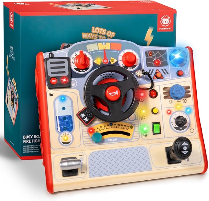 Toddler Busy Board Toy for Steering Wheel with Sounds & Lights, Sensory Montessori Toy for 3 Year Old Boys Girls Birthday Present, Wooden Travel Toys for Kids Ages 3
