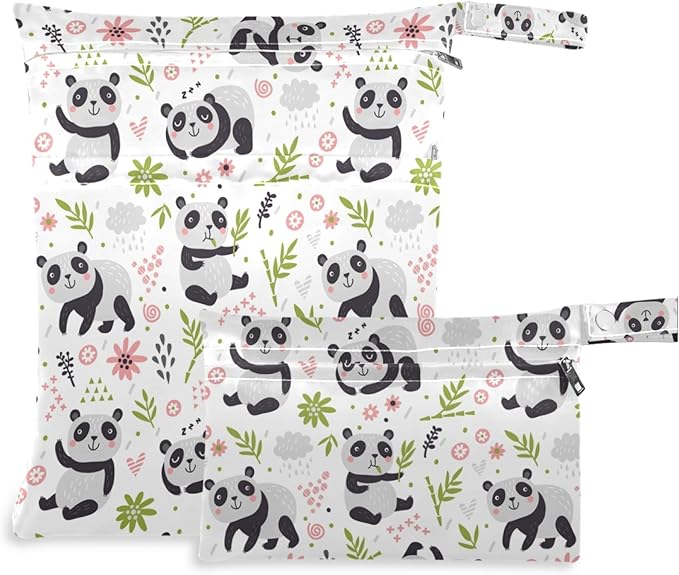 visesunny Cute Panda 2Pcs Wet Bag with Zippered Pockets Washable Reusable Roomy for Travel,Beach,Pool,Daycare,Stroller,Diapers,Dirty Gym Clothes, Wet Swimsuits, Toiletries