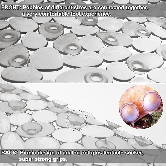 Bath Tub and Shower Mats, Non-Slip Pebble 35 x 16 Inches Machine Washable Bathtub Mat with Drain Holes, Suction Cups for Bathroom (Clear Grey)
