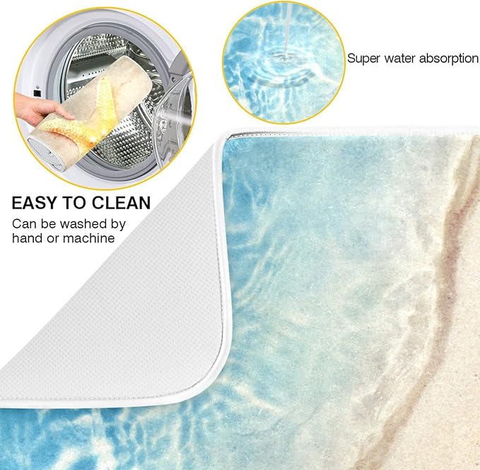 Absorbent Dish Drying Mat for Kitchen Counter - Starfish Coral Summer Microfiber Drying Pad, Reversible Drainer Mats for Countertop, Large 18" x 24"