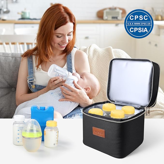 PIIOSER Baby Bottle Cooler Bag with Ice Pack, Fits 4 Baby Bottles Up to 5 Ounce, Portable Insulated Breastmilk Cooler Travel Bag with Handle Buckle for Nursing & Working Mom Daycare (Black-XS)