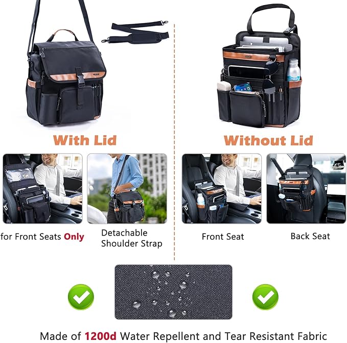 SPORJET Car Seat Organizer with Lid and Laptop Compartment (Fits 15.6"), Front Seat Passenger Organizer with Adjustable Strap, Multiple Pockets, Portable Office Bag, Water-Resistant 1200D Polyester
