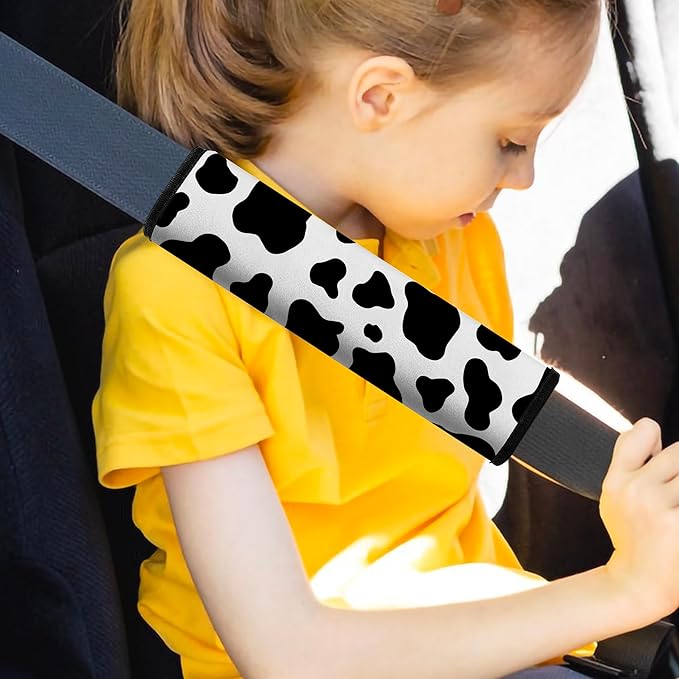 Mokiwala Car Seat Belt Pad Cover, 4-Pack Soft Car Safety Seat Belt Strap Shoulder Pad for Adults and Children, Suitable for Car Seat Belt, Backpack, Shoulder Bag (Cow Pattern)