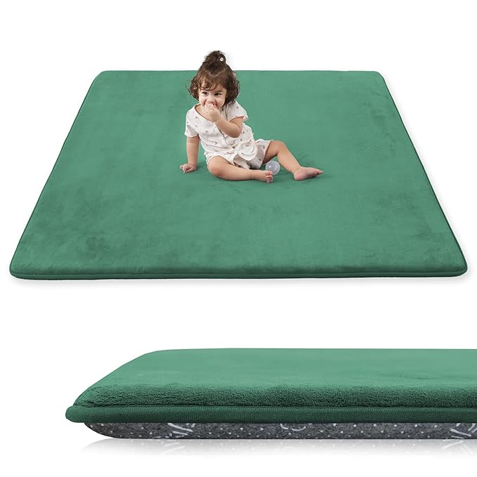 1.3" Thick Baby Play Mat for Floor, 79x79 Playpen Mat, Pro Soft Flannel Foam Mats Toddler Infant Kids Crawling for Nursery Rug Playroom Living Room Waterproof Easy Care Non-Slip (Dark Green)