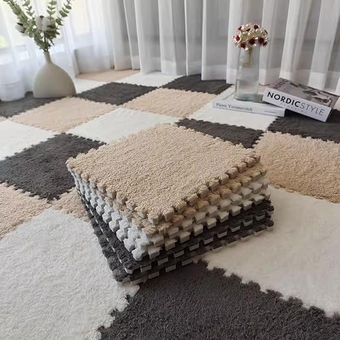 12pcs Plush Puzzle Foam Floor Mat, Cute Soft Fluffy Interlocking Square Foam Tiles Area Rugs Carpet for Parlor Bedroom Decoration(11.8x11.8x0.4in, Grey&White&Light Brown)