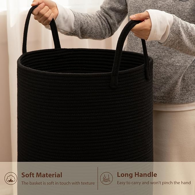 OIAHOMY Large Laundry Basket Hamper - 80L Cotton Rope Woven Basket for Blankets, Toys, Clothes - Tall Decorative Nursery Hamper with Long Handles, Black