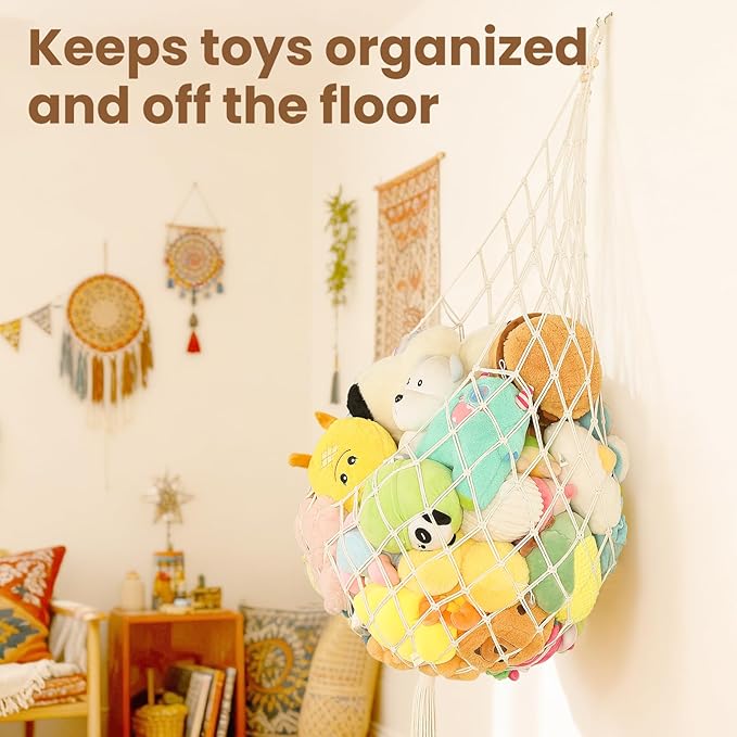 Stuffed Animal Storage Hammock Plushie Net 60-inch Stuffed Animal Net Corner for Kids' Wall Room Decor Hanging Toy Storage Plushie Net Organizer Holder Kids Baby Nursery Wall Bedroom Home Decor (L)