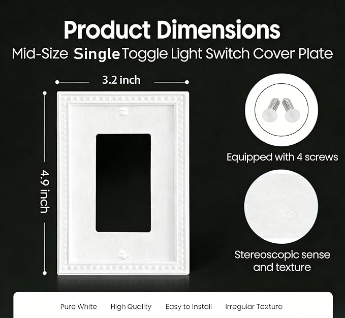 Mid-Size 20 Pack Decorator Wall Plates 1-Gang Switch Outlet Electrical Cover Plate Unbreakable Thermoplastic Faceplate for Light Receptacle Outlet Switch, Classic Beaded Relief Design, White