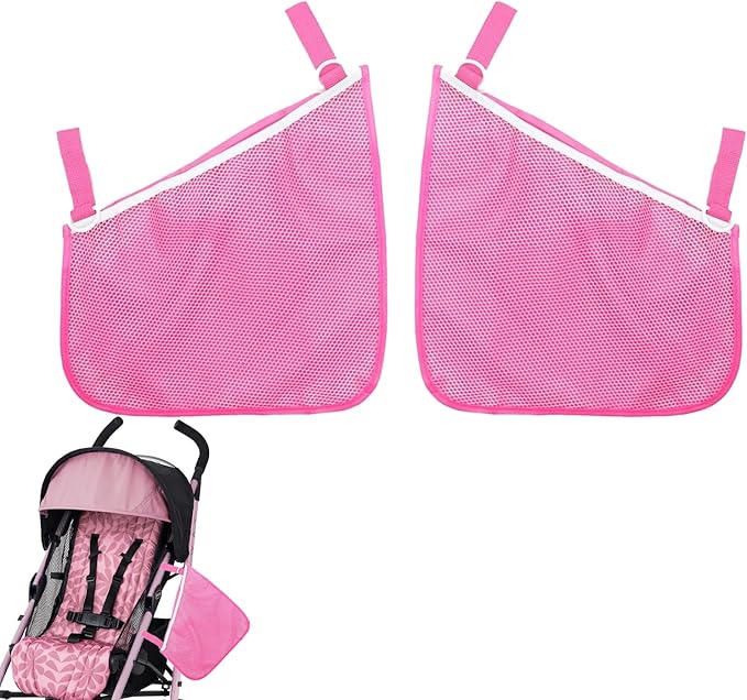 Alovexiong 2 Pack Universal Stroller Organizer Bag, Side Sling Cargo Stroller Net, Non-Slip and Adjustable Straps Storage Mesh Bag for Baby Accessories, Mesh Cargo Net for Stroller Storage - Pink
