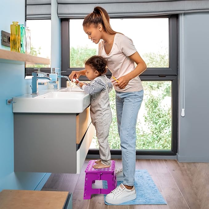 Korpai 9" Folding Step Stool for Adults and Kids Holds Up to 300 lbs,Non-Slip Folding Stools with Portable Handle, Compact Plastic Foldable Step Stool for Bathroom,Bedroom, Kitchen,Purple,1PC