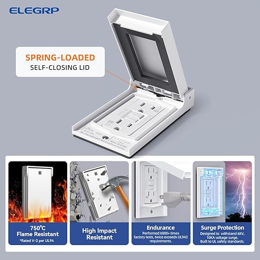 ELEGRP Outdoor GFCI Outlet with Cover, Weather Resistant GFCI Receptacle and Wall Plate, 15 Amp Self-Test GFI Electrical Outlet, Thinner Design Ground Fault Receptacle, UL Listed, Matte White, 2 Pack