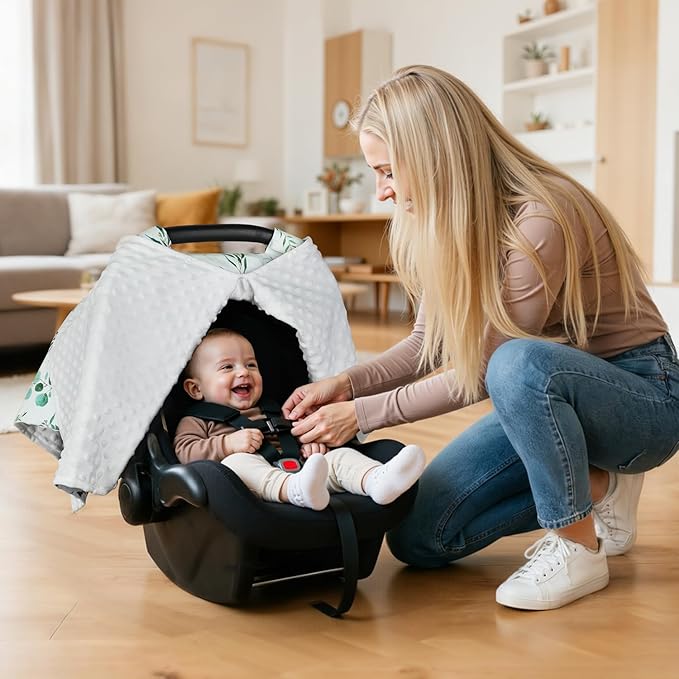 Rquite Car Seat Cover Baby, Carseat Covers Baby Girl, Winter Infant Car Seat Cover, Warm Minky Car Seat Canopy, Baby Carrier Cover with Peekaboo Opening, Multi Use Nursing Cover & Toddler Blanket
