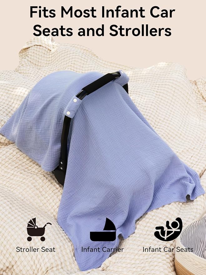 TILLYOU Baby Car Seat Cover, Breathable Muslin Cotton Infant Car Seat Cover, Lightweight Canopy with Sun and Bug Protection(Blue)