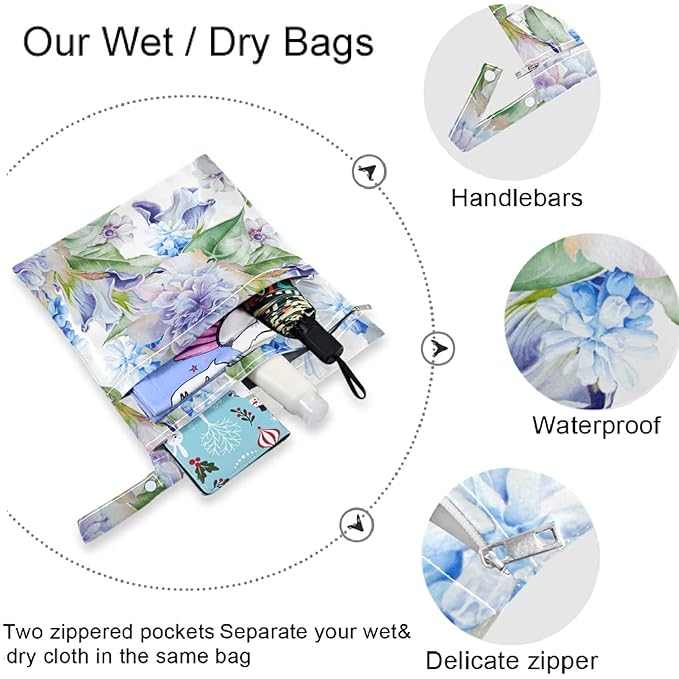 visesunny Hyacinth Iris Anemone 2Pcs Wet Bag with Zippered Pockets Washable Reusable Roomy Diaper Bag for Travel,Beach,Daycare,Stroller,Diapers,Dirty Gym Clothes,Wet Swimsuits,Toiletries