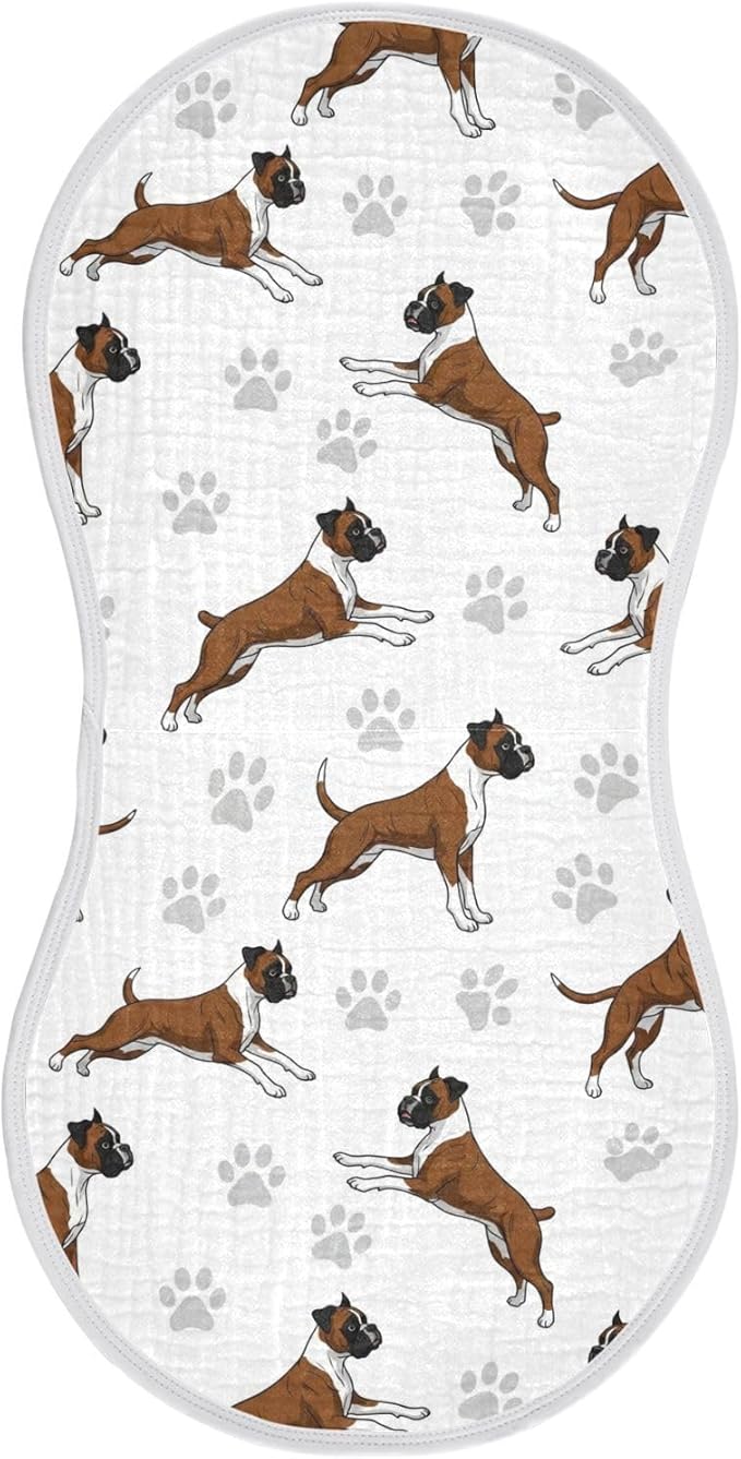 Qinllo 1 Pack Muslin Burp Cloths Boxer Dogs White Cotton Baby Burp Cloths Ultra Absorbent and Soft Thick Burping Cloth for Newborn Babies Boys Girls 22x11 Inch