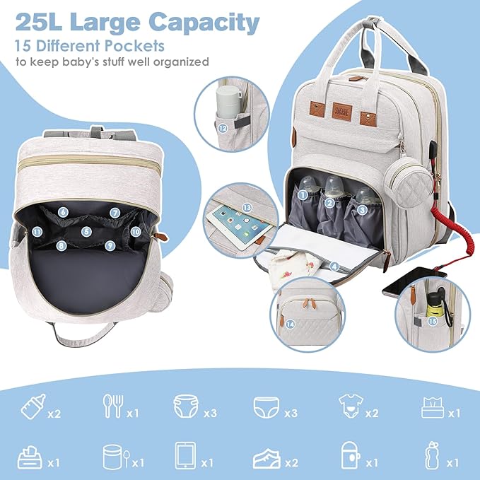 JSTPRO Diaper Bag Backpack, Large Diaper Bag with Changing Station, New Mom Gifts, Lightweight Waterproof Unisex Diaper Bag with Insulated Pockets and USB Charging Port, Beige