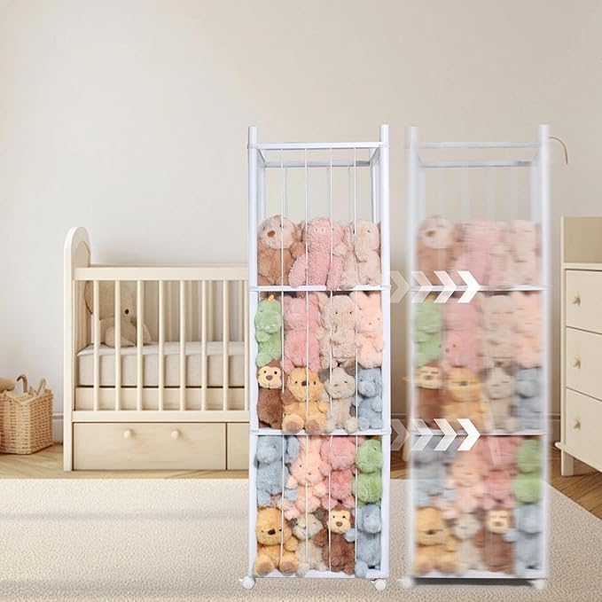 BENCHRY Stuffed Animal Storage Kids, Wood Stuffed Animal Zoo Storage with Brake Wheels, Stuffed Animal Organizer with Elastic Cords for Kids, Perfect for Nursery Playroom Kidroom Bedroom - White